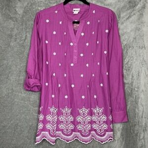 American Sweetheart Medium Top Shirt Purple Floral Tab Long Sleeve V Neck Eyelet